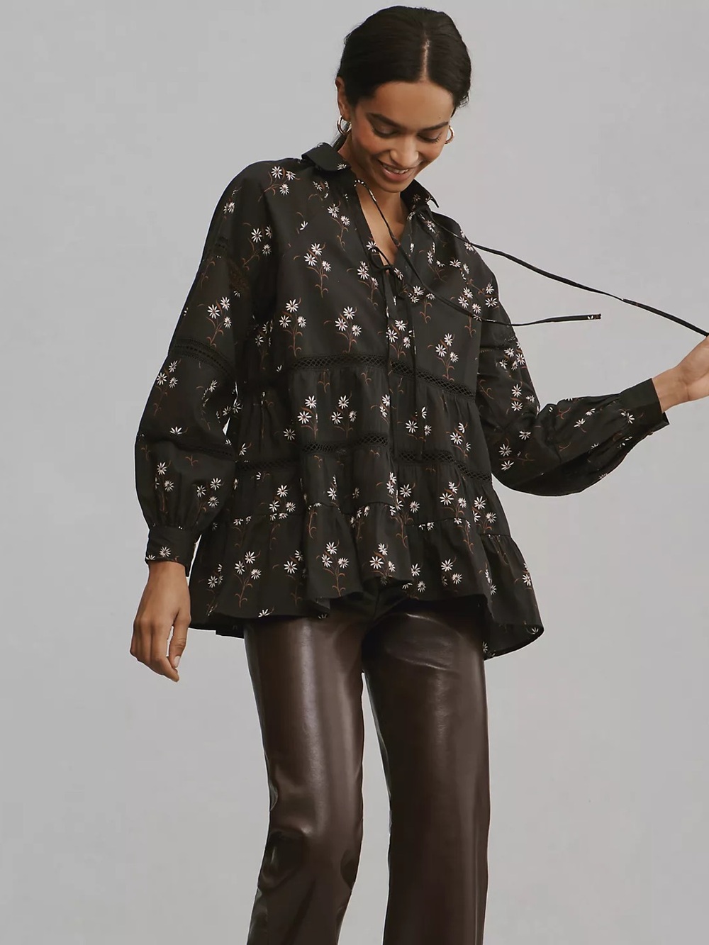 Anthropologie Black Floral Peasant Blouse